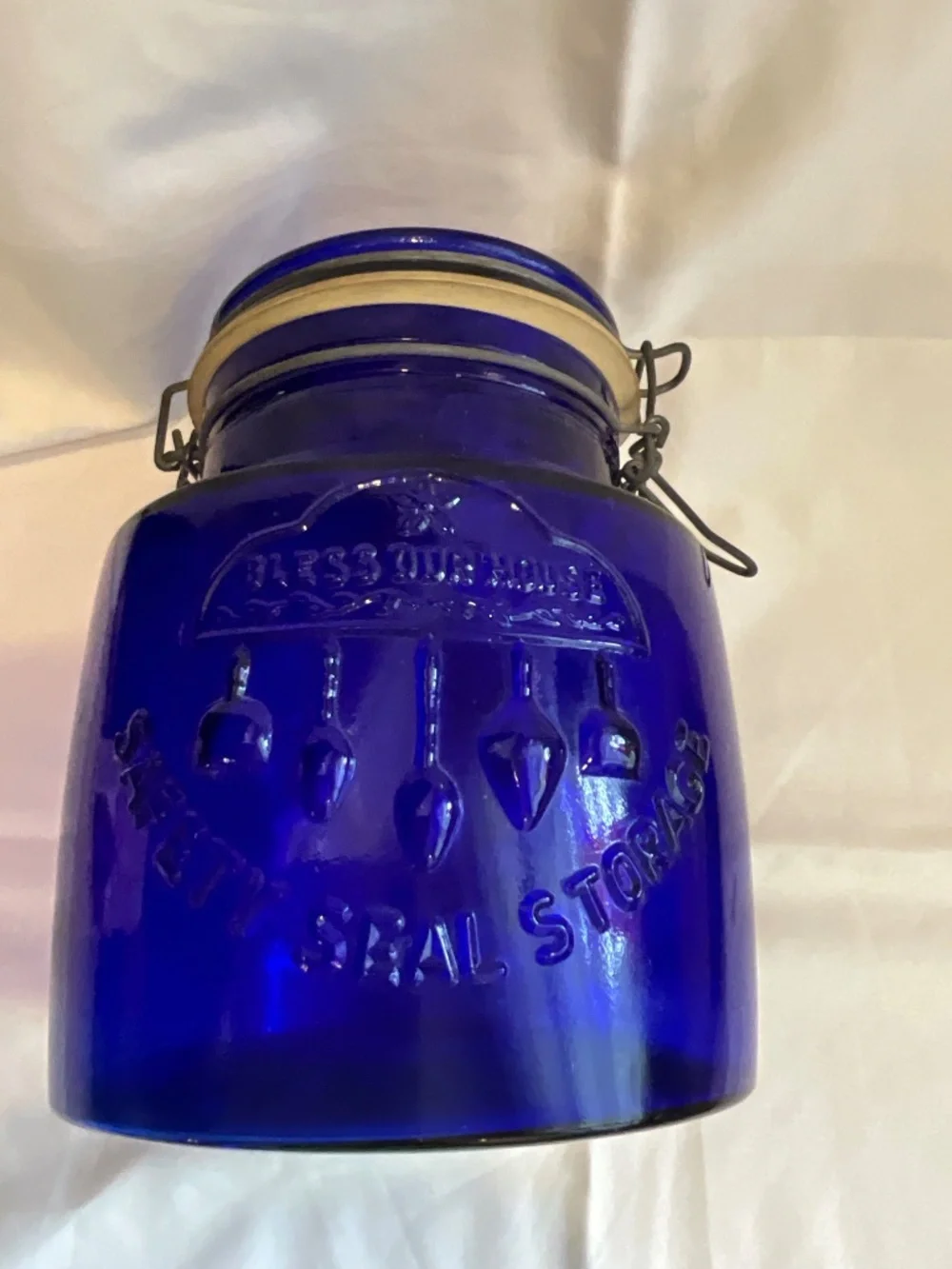 Vintage Crownford‎ China Co Cobalt Blue 2-Quart Jar Bless Our House Italy